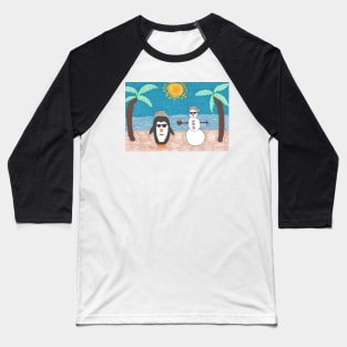 Penguin and Snowman Christmas Beach Vacation Baseball T-Shirt